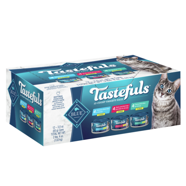 Blue Buffalo Tastefuls Natural Flaked Wet Cat Food Variety Pack, Tuna, Chicken, Fish & Shrimp Entrées in Gravy 3-oz Cans (12 Count – 4 of Each Flavor)