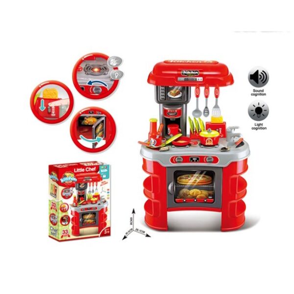 Kitchen Set Red with Sound and Light Cooking Toys Functional Kitchen Table Set with Cookware and Plastic Food 33 Pcs!