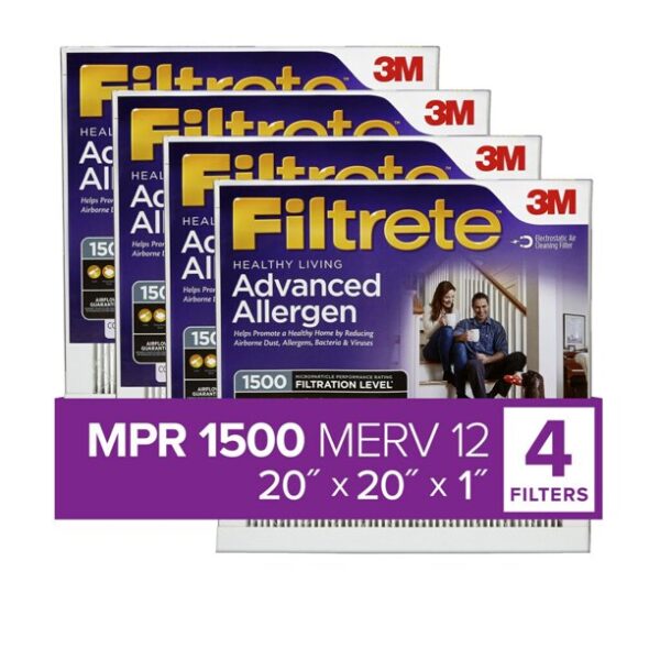 Filtrete 20x20x1, Healthy Living Advanced Allergen Reduction HVAC Furnace Air Filter, 1500 MPR, Pack of 4 Filters