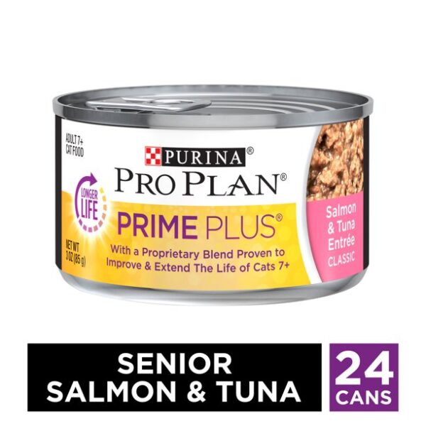 (24 Pack) Purina Pro Plan Senior Wet Cat Food Pate, Prime Plus SENIOR 7+ Salmon & Tuna Entree, 3 oz. Pull-Top Cans