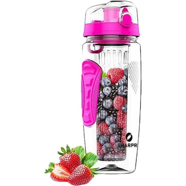 Sharpro 32 Ounce Fruit Infuser Non-Slip Flip Top Lid Water Bottle BPA Free Pink