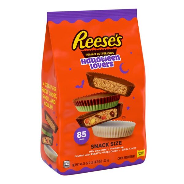 REESE’S, Halloween Lovers Assorted Milk Chocolate, White Creme Peanut Butter Snack Size Cups Candy, Halloween, 46.75 oz, Bulk Variety Bag (85 Pieces)